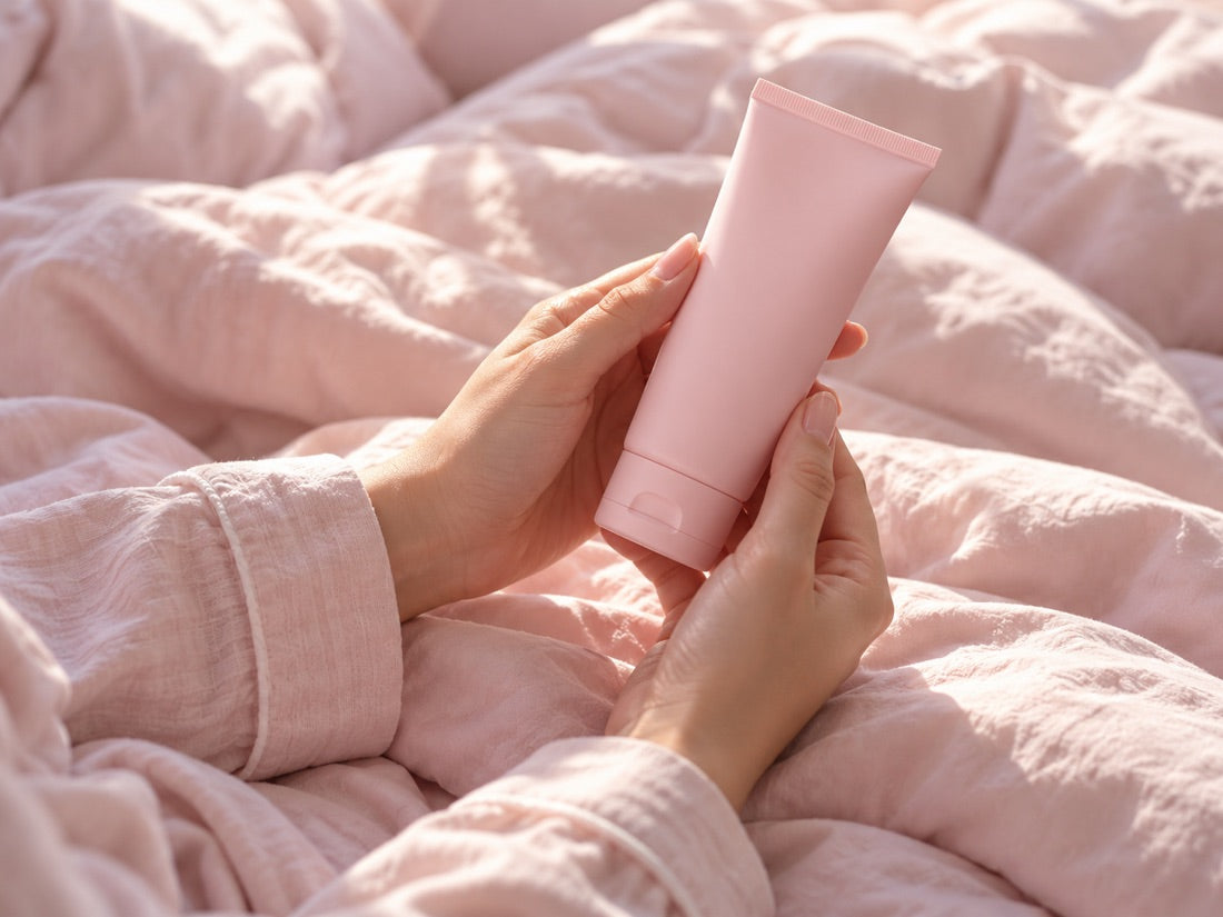 Holding a skincare tube in bed